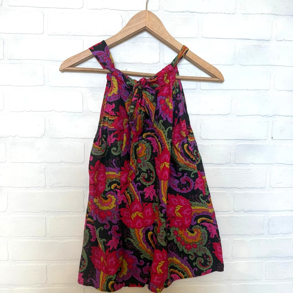 J.CREW Women's Floral Sleeveless Trapeeze Bow 100% Silk Top Blouse sz M